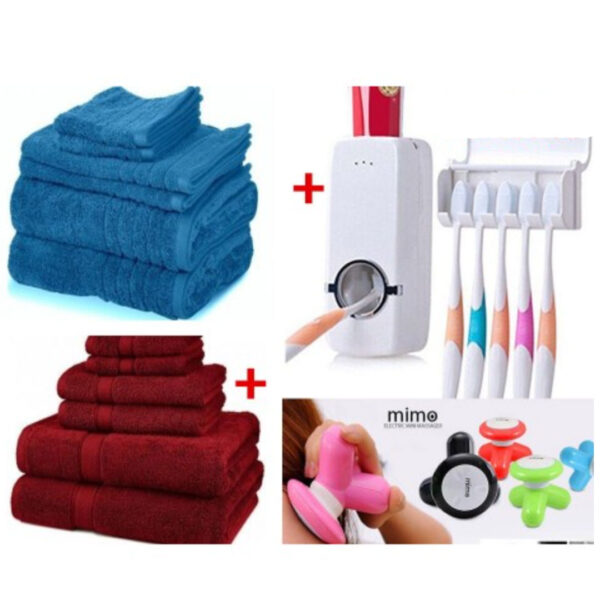 Set 6 prosoape de baie, gama hoteliera, bumbac Pakistanez, alb + 8 culori disponibile + Dozator pasta de dinti, Suport de periute + CADOU Aparat de Masaj Mimo