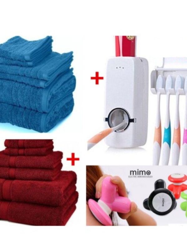Set 6 prosoape de baie, gama hoteliera, bumbac Pakistanez, alb + 8 culori disponibile + Dozator pasta de dinti, Suport de periute + CADOU Aparat de Masaj Mimo