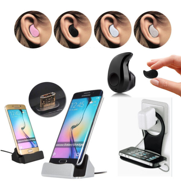 Incarcator vertical telefon ios sau android + Suport telefon pentru incarcare la priza + CADOU 2 casti mini Bluetooth
