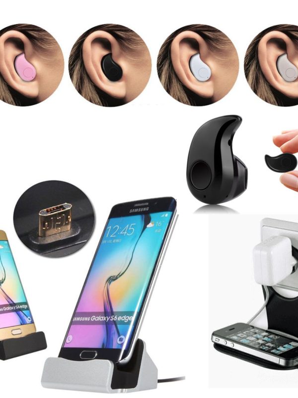 Incarcator vertical telefon ios sau android + Suport telefon pentru incarcare la priza + CADOU 2 casti mini Bluetooth