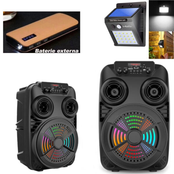 Boxa Portabila ZQS 8107S, Bluetooth, Super Woofer, Led Display, Lumini Disco, USB, TF, FM Radio + Microfon Karaoke + Telecomanda + Baterie Externa Smart Power Bank 3x USB, Lanterna + CADOU Lampa cu Senzor de miscare!
