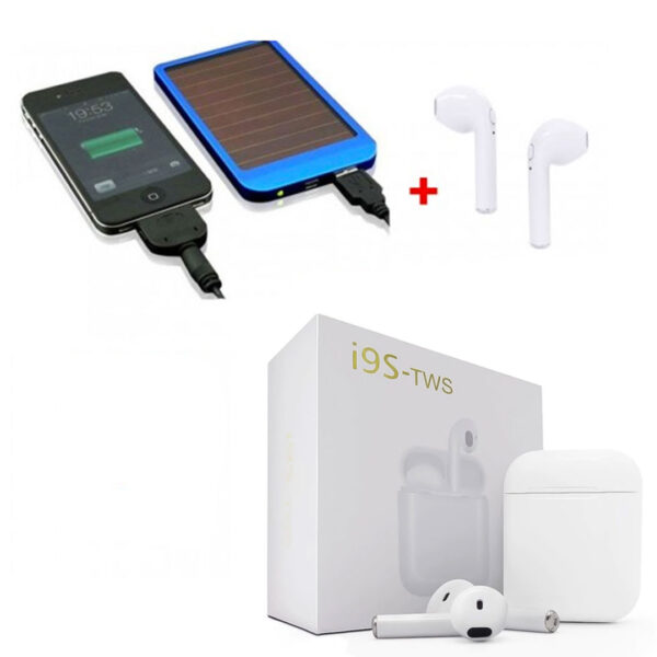 Incarcator SOLAR Telefon/Tableta, pretabil pentru calatorii cat si acasa + cablu USB de incarcare + Casti Wireless TWS I9s, Bluethooth 5.0, Carcasa de incarcare, Alb