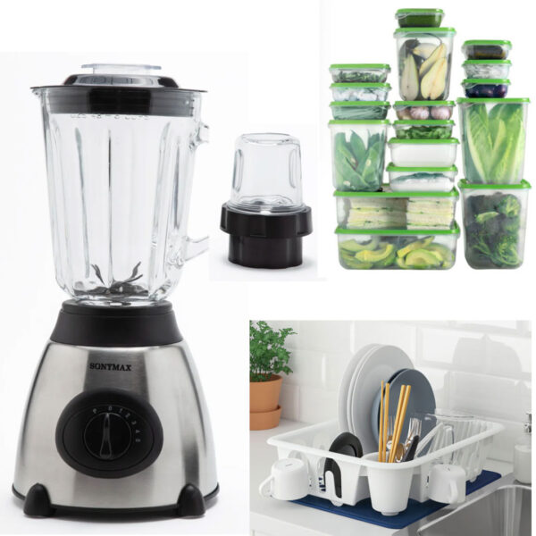 Blender de masa Heinner HBL-500R, 500W, 2 viteze+Pulse, Bol 1.5 L, Rasnita, Negru+ Set 17 caserole cu capace + CADOU uscator de vase, alb!