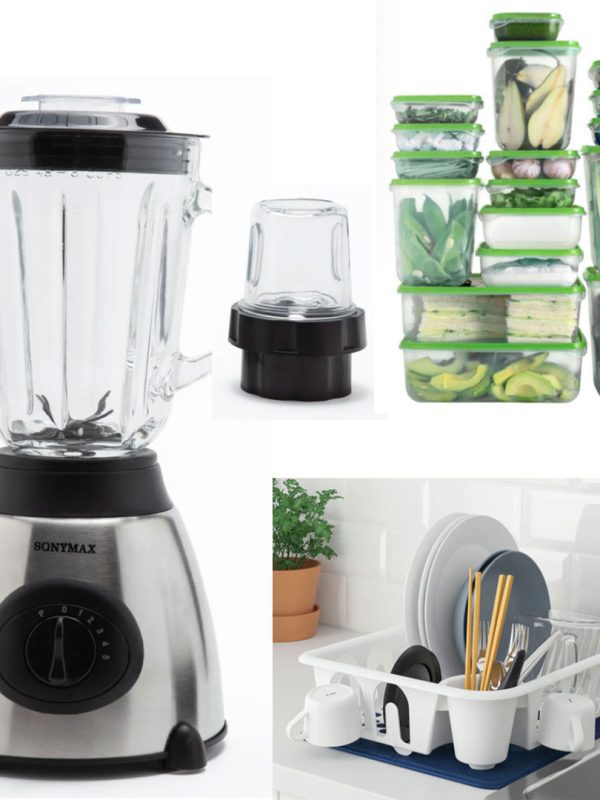 Blender de masa Heinner HBL-500R, 500W, 2 viteze+Pulse, Bol 1.5 L, Rasnita, Negru+ Set 17 caserole cu capace + CADOU uscator de vase, alb!