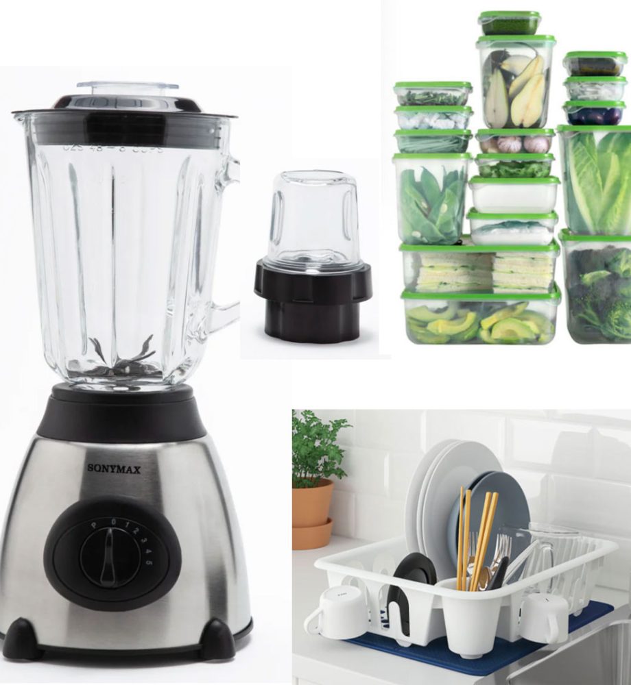 Blender de masa Heinner HBL-500R, 500W, 2 viteze+Pulse, Bol 1.5 L, Rasnita, Negru+ Set 17 caserole cu capace + CADOU uscator de vase, alb!