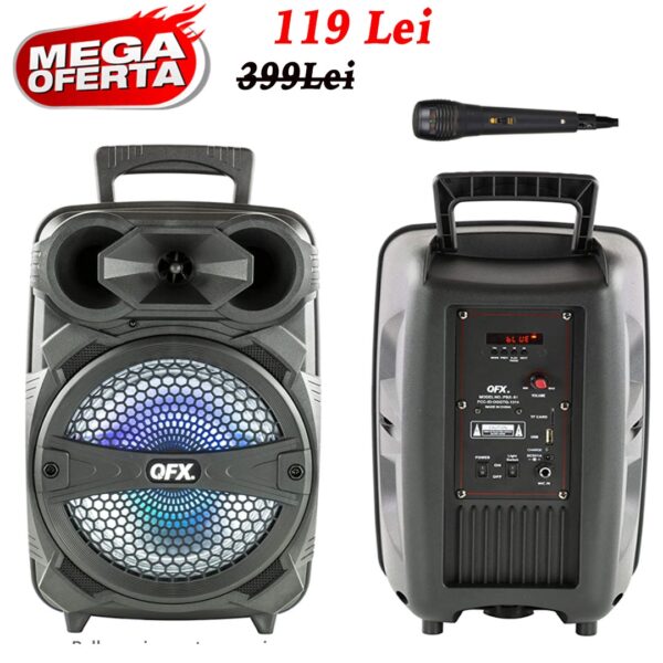 Boxa portabila Bluetooth Karaoke, Difuzor 8 inch cu lumini colorate, 200 W, claritate si bass, Usb Stick, Card, Radio FM + Microfon, la doar 119 Lei!