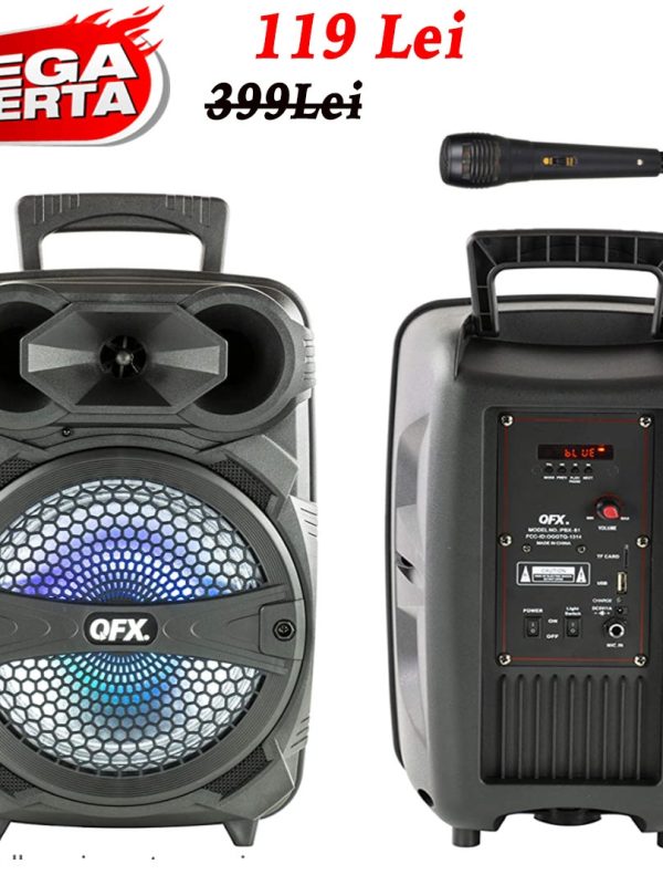 Boxa portabila Bluetooth Karaoke, Difuzor 8 inch cu lumini colorate, 200 W, claritate si bass, Usb Stick, Card, Radio FM + Microfon, la doar 119 Lei!