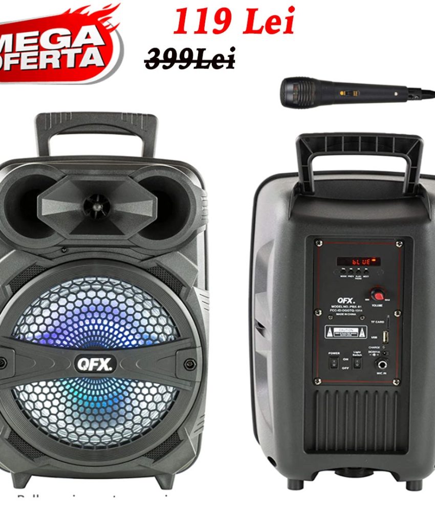 Boxa portabila Bluetooth Karaoke, Difuzor 8 inch cu lumini colorate, 200 W, claritate si bass, Usb Stick, Card, Radio FM + Microfon, la doar 119 Lei!
