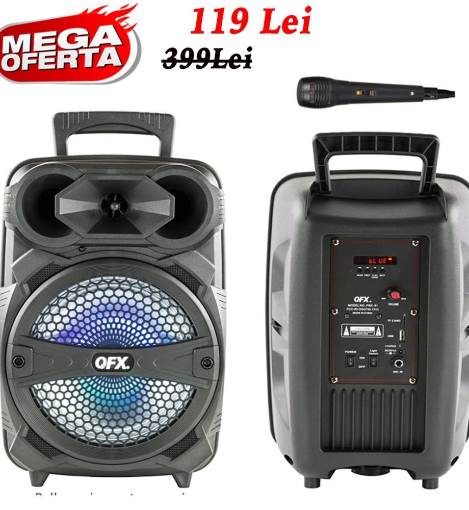 Boxa portabila Bluetooth Karaoke, Difuzor 8 inch cu lumini colorate, 200 W, claritate si bass, Usb Stick, Card, Radio FM + Microfon, la doar 119 Lei!