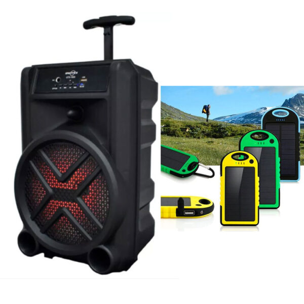 Boxa Bluetooth Portabila, GTS 1630, 200W, Karaoke, Radio, Card, USB, MP3, Microfon + Baterie Externa cu incarcare solara 20000 mAh, Rezistenta La Socuri Si Umezeala, LED UV, 2 Porturi USB