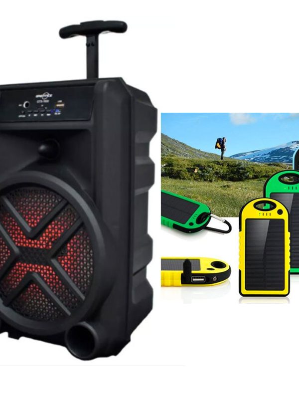 Boxa Bluetooth Portabila, GTS 1630, 200W, Karaoke, Radio, Card, USB, MP3, Microfon + Baterie Externa cu incarcare solara 20000 mAh, Rezistenta La Socuri Si Umezeala, LED UV, 2 Porturi USB
