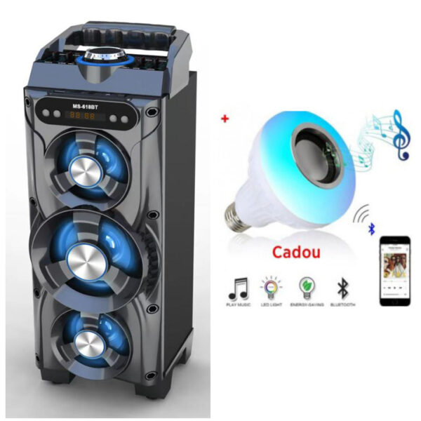 Boxa Portabila MS-618BT cu 3 difuzoare, 100W, Bluetooth, Radio FM, Leduri, USB + CADOU Bec leduri, bluetooth, boxa incorporata, jocuri de lumini si telecomanda!