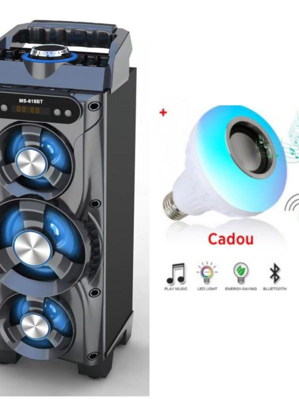 Boxa Portabila MS-618BT cu 3 difuzoare, 100W, Bluetooth, Radio FM, Leduri, USB + CADOU Bec leduri, bluetooth, boxa incorporata, jocuri de lumini si telecomanda!