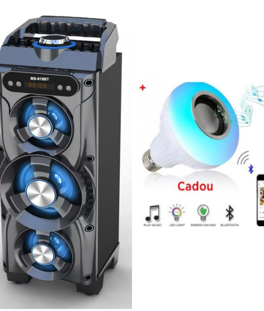Boxa Portabila MS-618BT cu 3 difuzoare, 100W, Bluetooth, Radio FM, Leduri, USB + CADOU Bec leduri, bluetooth, boxa incorporata, jocuri de lumini si telecomanda!