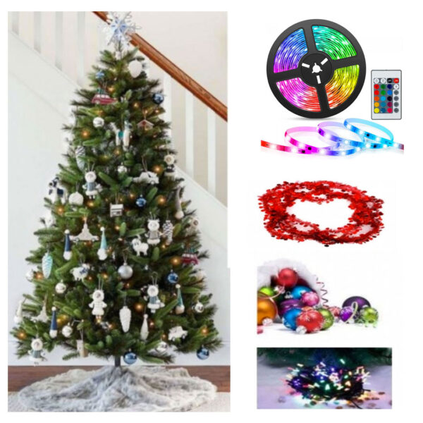 Brad artificial, impodobit cu beteala, varf, globuri, fundite + Suport  + Banda LED Multicolor, 5 M, Controller, Telecomanda, Sursa De Curent Inclusa