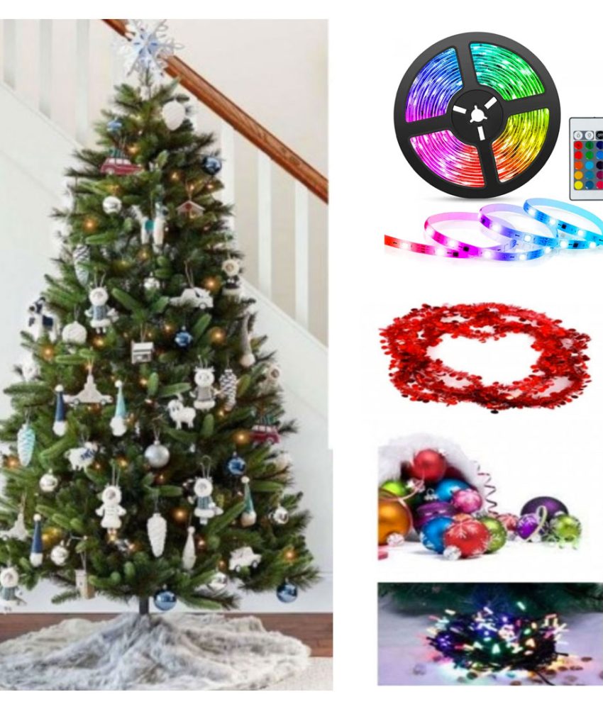 Brad artificial, impodobit cu beteala, varf, globuri, fundite + Suport  + Banda LED Multicolor, 5 M, Controller, Telecomanda, Sursa De Curent Inclusa