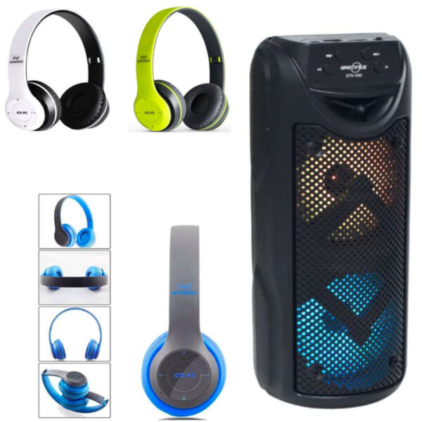 Boxa Portabila Bluetooth GTS 1550, Micro SD, USB, Leduri, 100W + Casti Bluetooth P47 diferite culori
