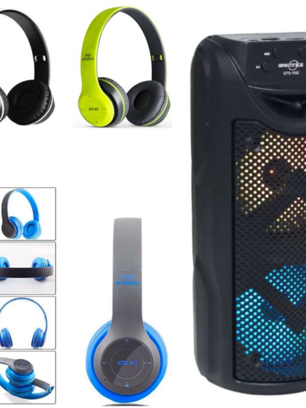 Boxa Portabila Bluetooth GTS 1550, Micro SD, USB, Leduri, 100W + Casti Bluetooth P47 diferite culori