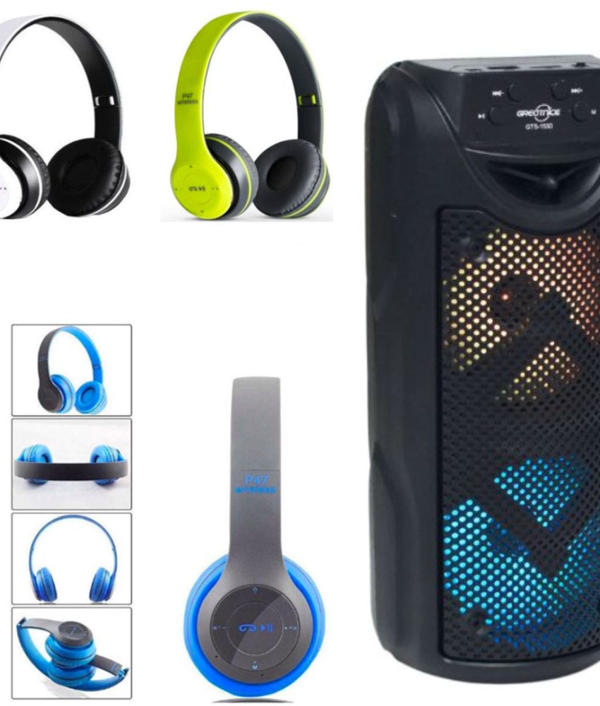 Boxa Portabila Bluetooth GTS 1550, Micro SD, USB, Leduri, 100W + Casti Bluetooth P47 diferite culori