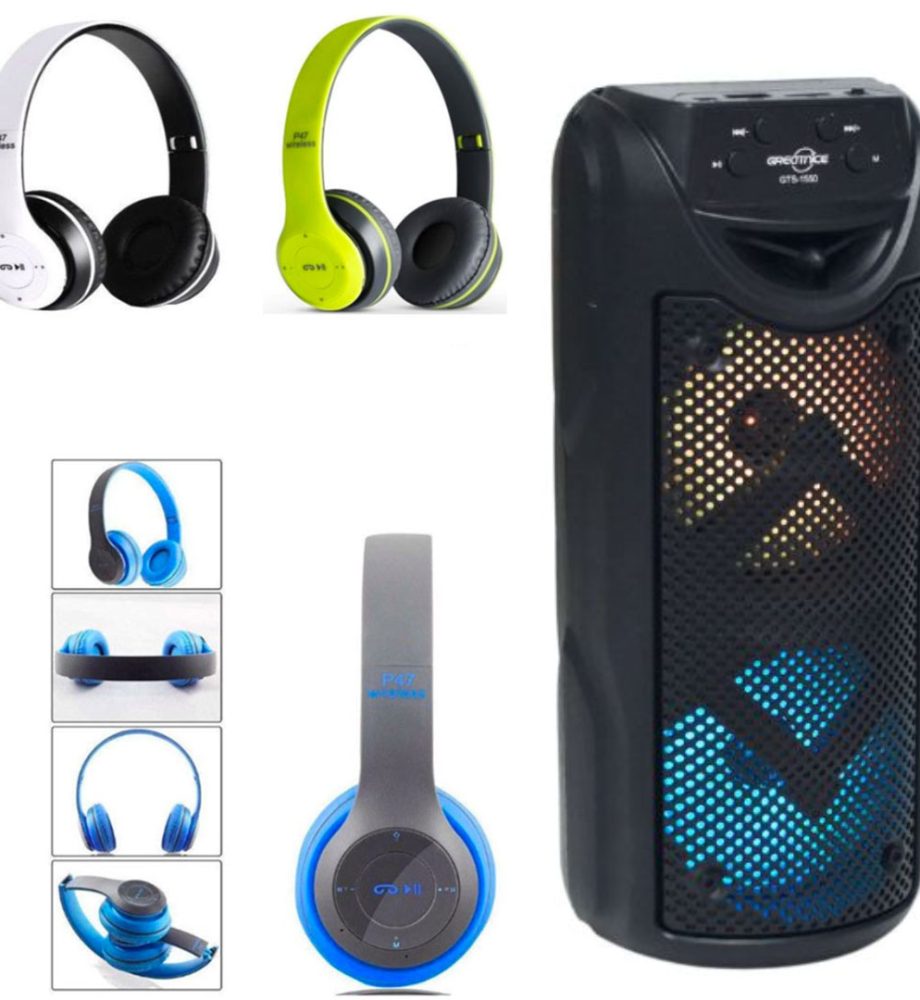 Boxa Portabila Bluetooth GTS 1550, Micro SD, USB, Leduri, 100W + Casti Bluetooth P47 diferite culori