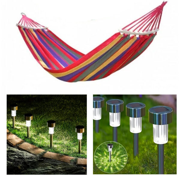 Hamac columbian bumbac, multicolor 200x80 cu bare din lemn + Set 6 lampi solare led, IP 44