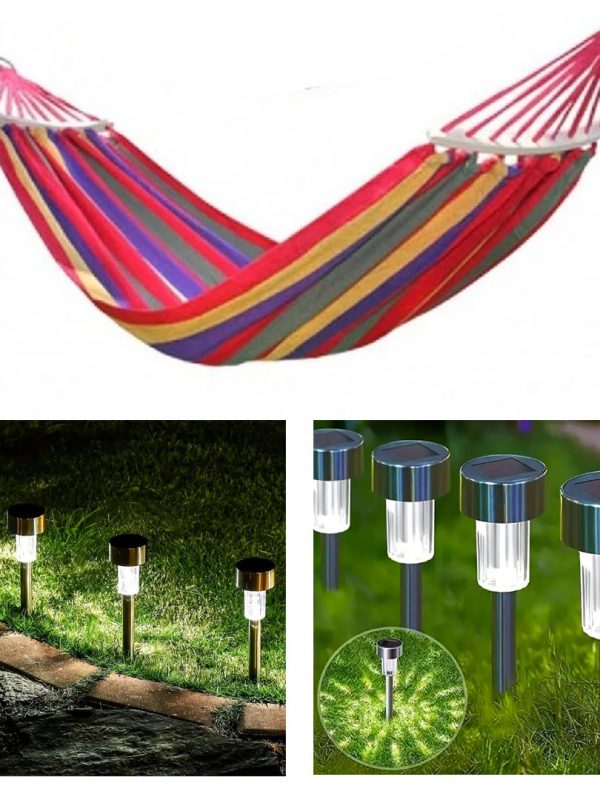 Hamac columbian bumbac, multicolor 200x80 cu bare din lemn + Set 6 lampi solare led, IP 44