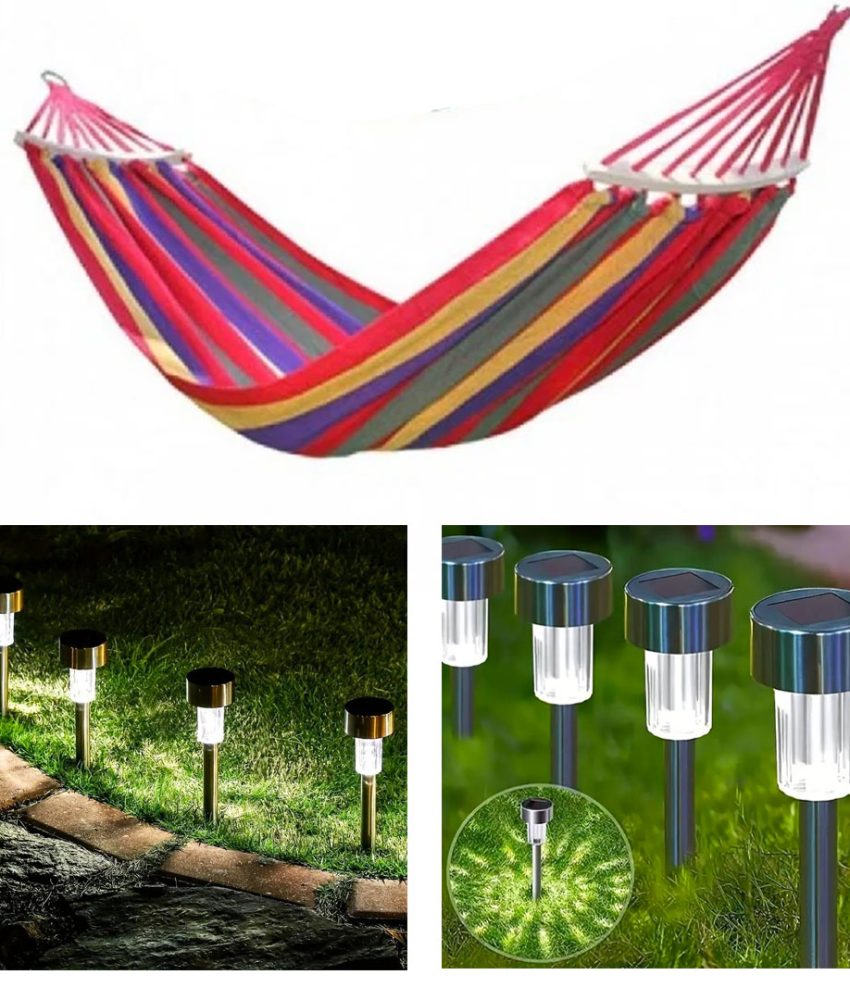 Hamac columbian bumbac, multicolor 200x80 cu bare din lemn + Set 6 lampi solare led, IP 44