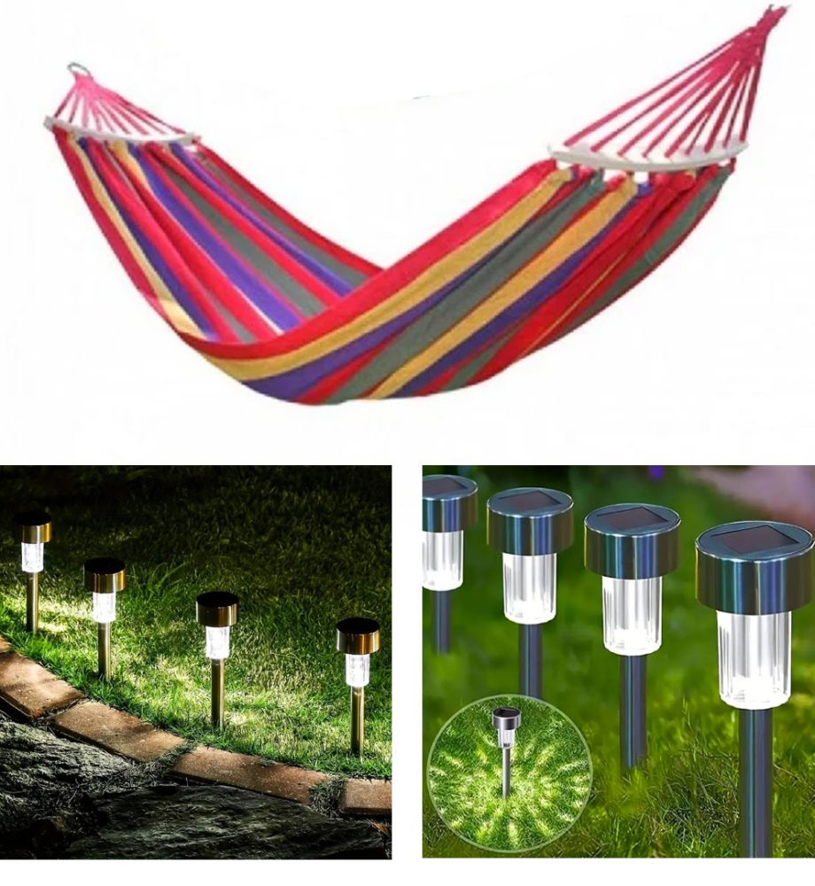 Hamac columbian bumbac, multicolor 200x80 cu bare din lemn + Set 6 lampi solare led, IP 44