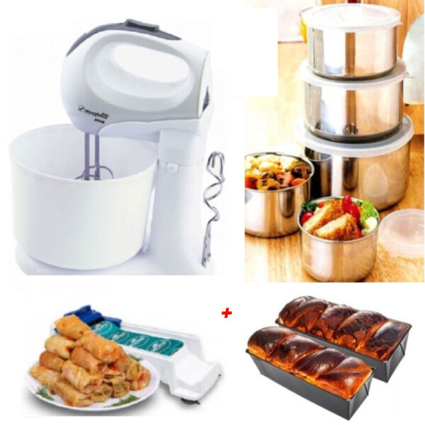 Mixer Electric cu Bol, 6 viteze, Turbo + Set 10 vase inox + Aparat profesional de facut sarmale, Dolmer + Set 2 Tavi de cozonac!