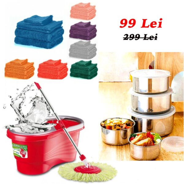 Mop Rotativ cu Galeata, Easy Clean + Set 4 Prosoape baie, bumbac 100%, diferite culori + Set 10 Piese Vase Inox, cu capace, la doar 99 Lei!