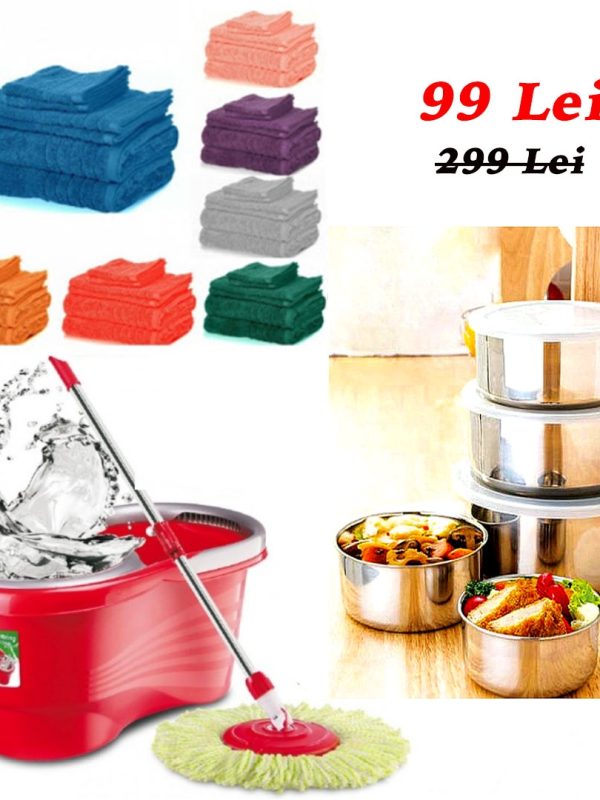 Mop Rotativ cu Galeata, Easy Clean + Set 4 Prosoape baie, bumbac 100%, diferite culori + Set 10 Piese Vase Inox, cu capace, la doar 99 Lei!