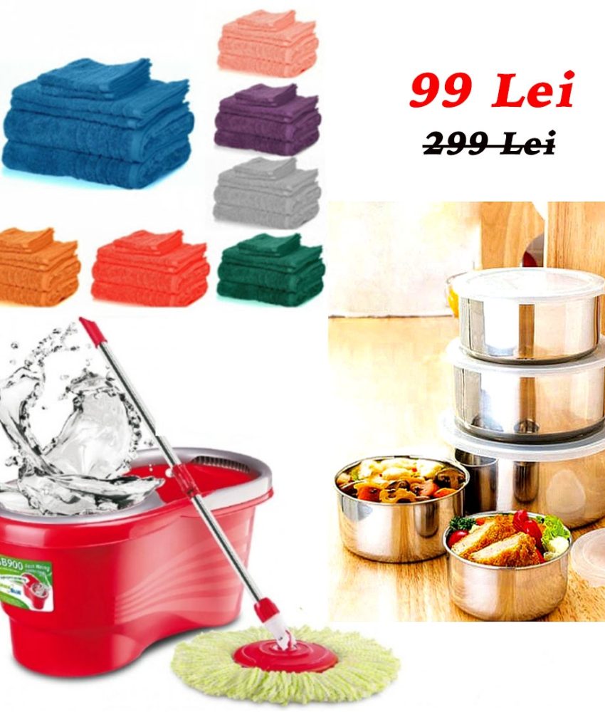 Mop Rotativ cu Galeata, Easy Clean + Set 4 Prosoape baie, bumbac 100%, diferite culori + Set 10 Piese Vase Inox, cu capace, la doar 99 Lei!