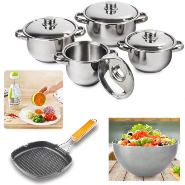 Oale cu capace inox, 8 piese Soup Pot + Bol inox + Tigaie grill + Cadou Robot multifunctional de bucatarie chopper!