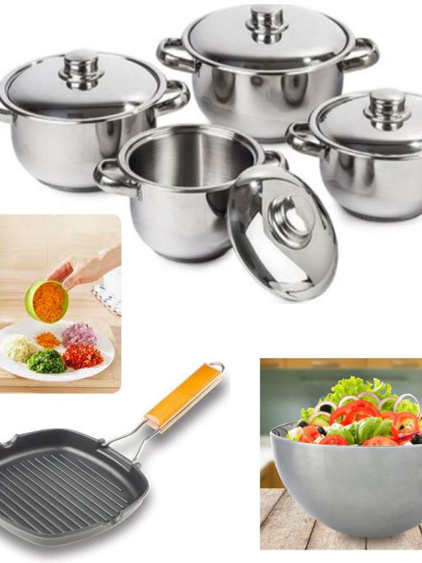 Oale cu capace inox, 8 piese Soup Pot + Bol inox + Tigaie grill + Cadou Robot multifunctional de bucatarie chopper!
