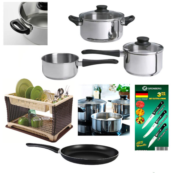 Oale inox cu capace, Set 5 piese + Suport vase tip ratan + Set cutite inox + CADOU Tigaie de Teflon!