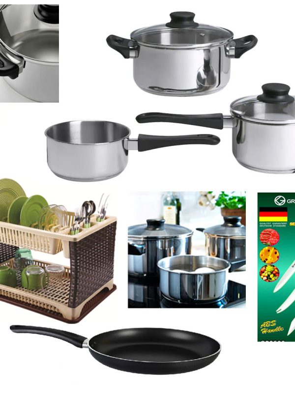 Oale inox cu capace, Set 5 piese + Suport vase tip ratan + Set cutite inox + CADOU Tigaie de Teflon!