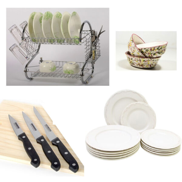 Suport de vase etajat din inox + Set 12 farfurii sticla securizata + Set 3 cutite + CADOU 3 boluri frantuzesti