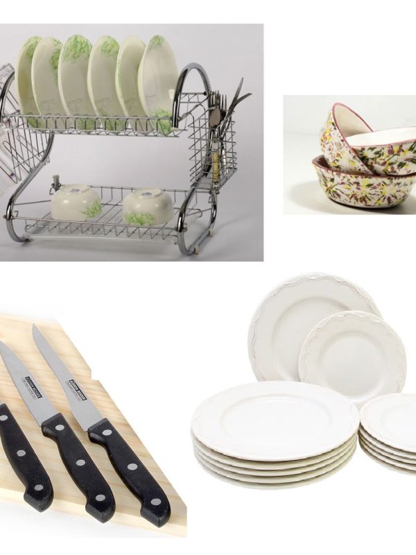 Suport de vase etajat din inox + Set 12 farfurii sticla securizata + Set 3 cutite + CADOU 3 boluri frantuzesti