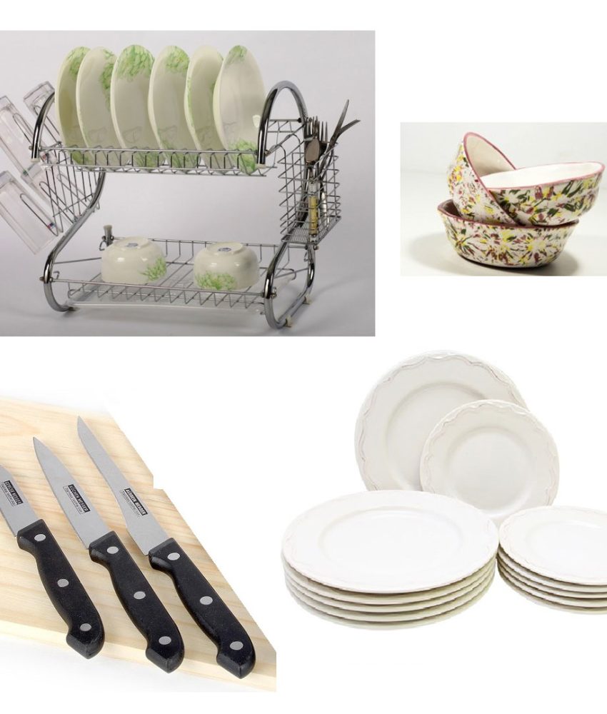 Suport de vase etajat din inox + Set 12 farfurii sticla securizata + Set 3 cutite + CADOU 3 boluri frantuzesti