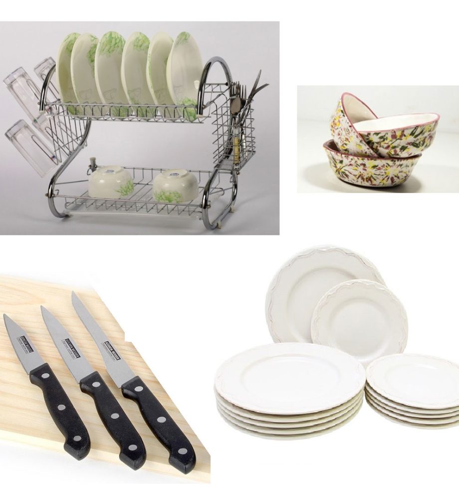 Suport de vase etajat din inox + Set 12 farfurii sticla securizata + Set 3 cutite + CADOU 3 boluri frantuzesti