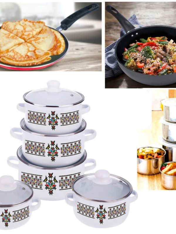 Set de gatit, 10 piese, otel carbon + Set 2 Tigai Teflonate: Tigaie adanca 24cm, Tigaie clatite + Set 10 Piese Vase inox!