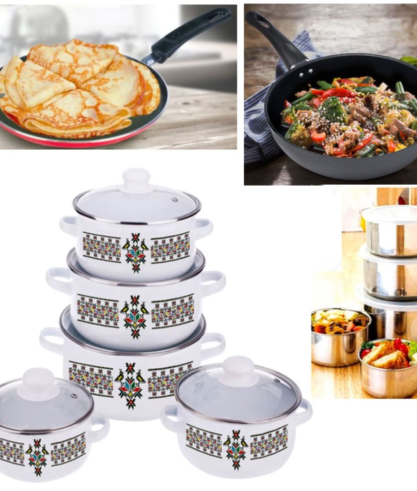 Set de gatit, 10 piese, otel carbon + Set 2 Tigai Teflonate: Tigaie adanca 24cm, Tigaie clatite + Set 10 Piese Vase inox!