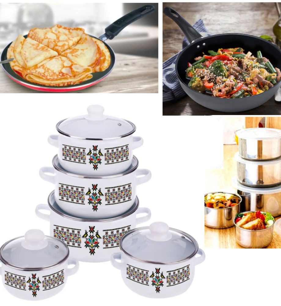 Set de gatit, 10 piese, otel carbon + Set 2 Tigai Teflonate: Tigaie adanca 24cm, Tigaie clatite + Set 10 Piese Vase inox!