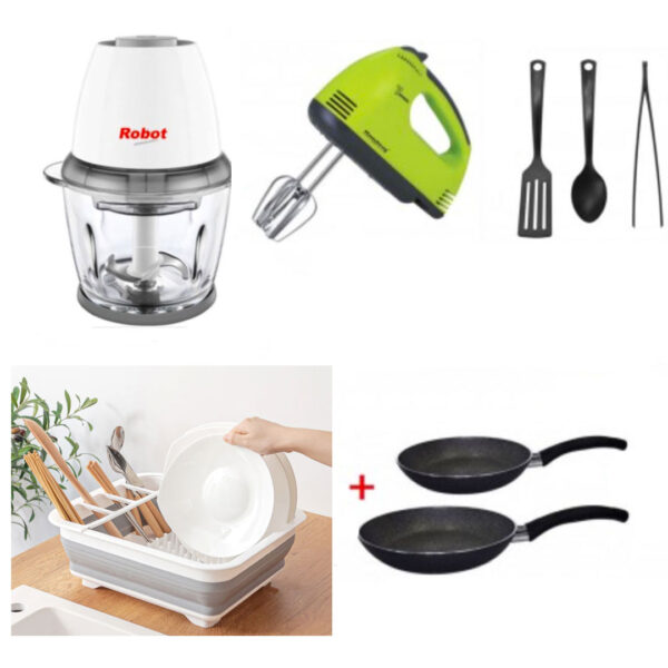 Robot de Bucatarie Electric Chopper + Set 2 Tigai teflonate + Uscator de vase pliabil, alb + Set 3 ustensile bucatarie + Mixer Electric!