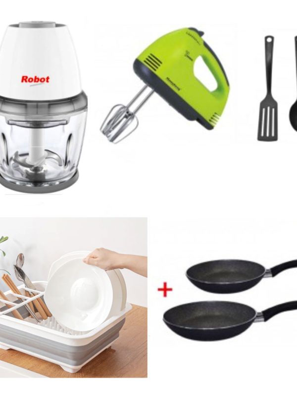 Robot de Bucatarie Electric Chopper + Set 2 Tigai teflonate + Uscator de vase pliabil, alb + Set 3 ustensile bucatarie + Mixer Electric!