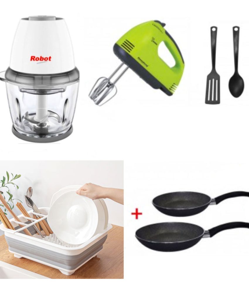 Robot de Bucatarie Electric Chopper + Set 2 Tigai teflonate + Uscator de vase pliabil, alb + Set 3 ustensile bucatarie + Mixer Electric!