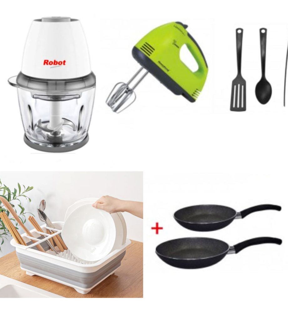 Robot de Bucatarie Electric Chopper + Set 2 Tigai teflonate + Uscator de vase pliabil, alb + Set 3 ustensile bucatarie + Mixer Electric!