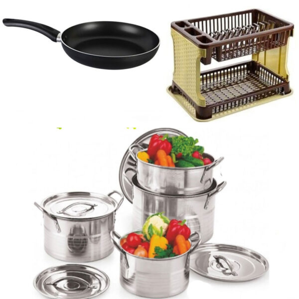 Set 4 Oale Inox cu Capace Stock Pot, 4l, 5l, 8l, 10l cu Manere de Prindere + Uscator de vase tip ratan, cu tava de scurgere + Tigaie teflon 24cm