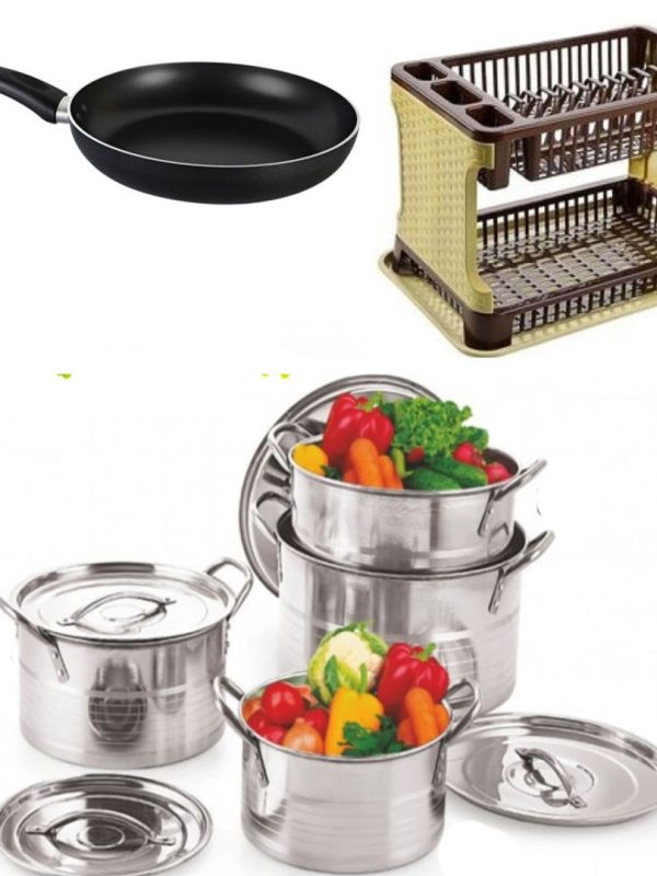Set 4 Oale Inox cu Capace Stock Pot, 4l, 5l, 8l, 10l cu Manere de Prindere + Uscator de vase tip ratan, cu tava de scurgere + Tigaie teflon 24cm
