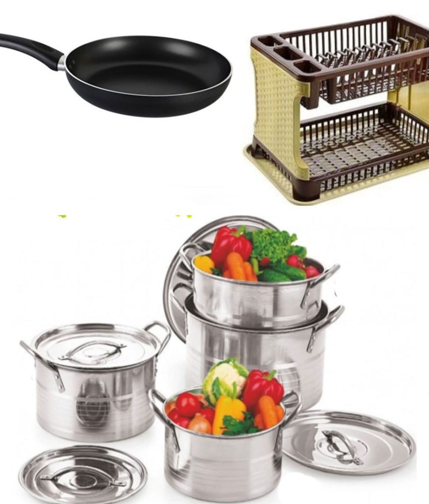 Set 4 Oale Inox cu Capace Stock Pot, 4l, 5l, 8l, 10l cu Manere de Prindere + Uscator de vase tip ratan, cu tava de scurgere + Tigaie teflon 24cm